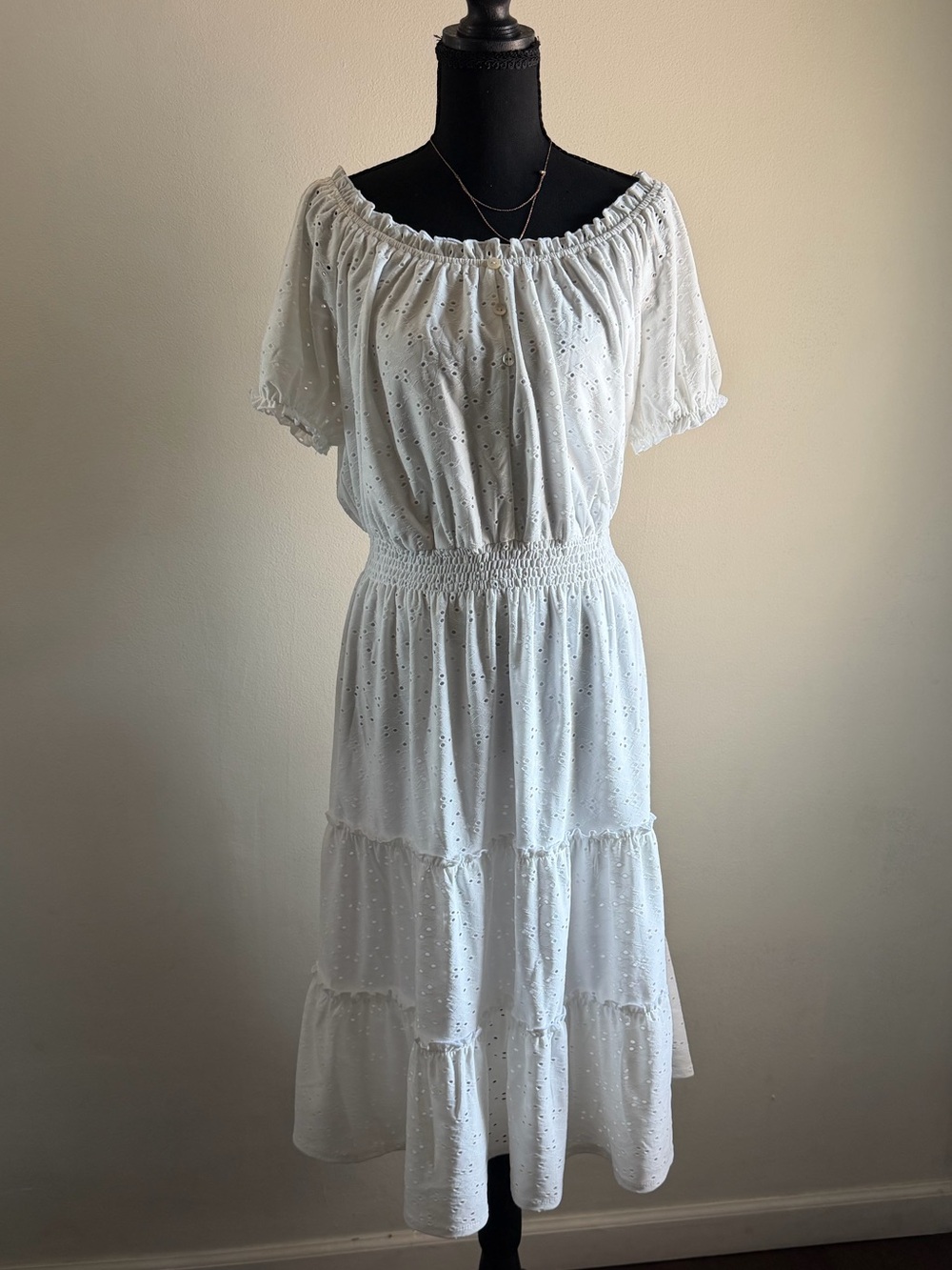 White Eyelet Off-Shoulder Tiered Midi Dress